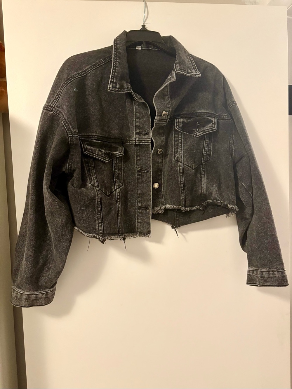 Washed Black Cropped Distressed Denim Jacket